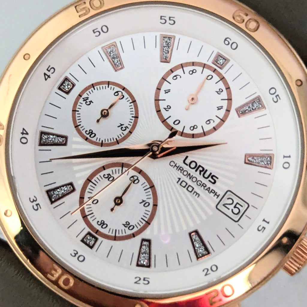 Lorus VD57-X024 Chronograph Men's Watch — Rose Gold-Tone, Black Dial - Bezel & Hide