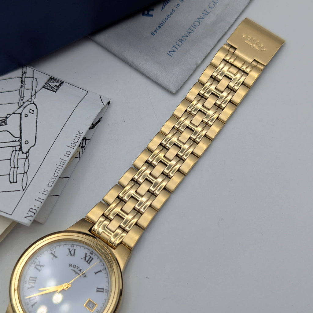 Rotary Gold-Plated Classic Quartz Watch — White Roman Dial, Full Set - Bezel & Hide