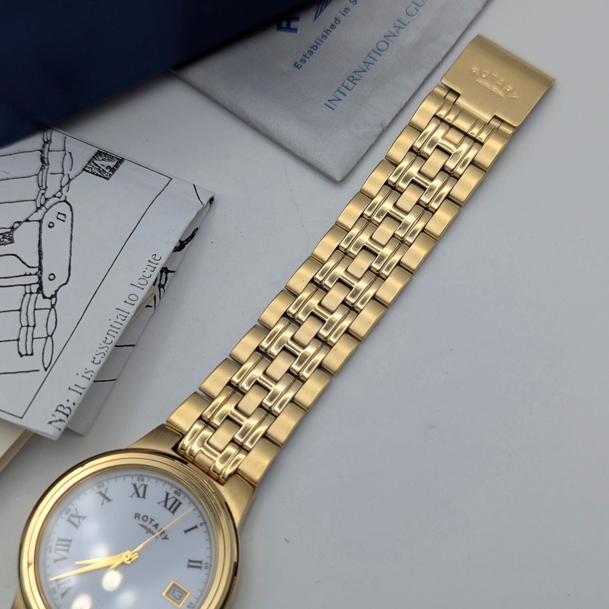 Rotary Gold-Plated Classic Quartz Watch — White Roman Dial, Full Set - Bezel & Hide