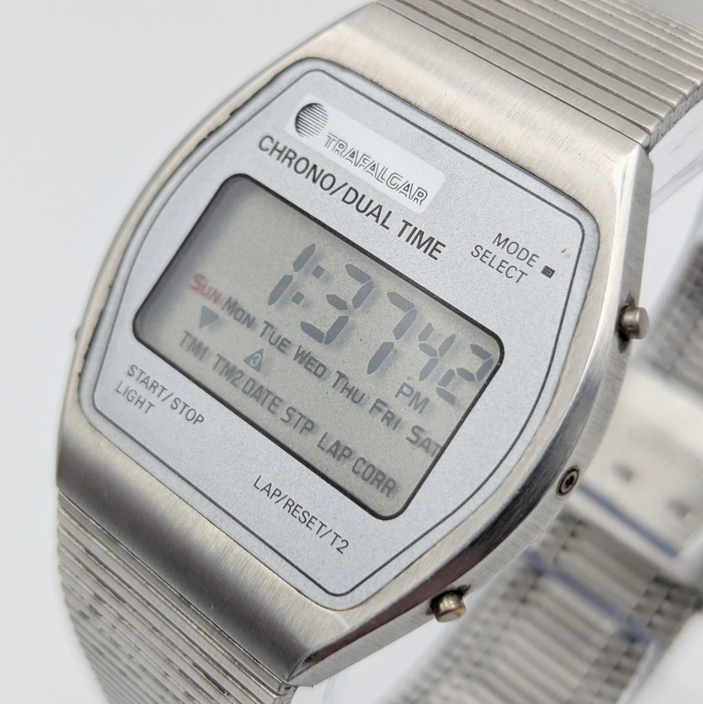 Trafalgar Chrono/Dual Time LCD Digital Watch — Vintage 1980s Silver-Tone on Integrated Bracelet, Sold Naked - Bezel & Hide