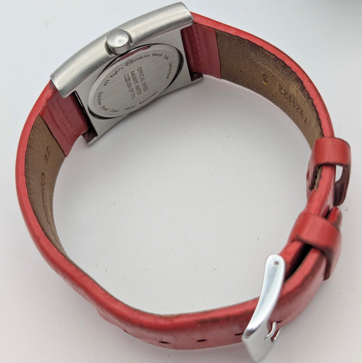 Mondaine Official Swiss Railways Watch L 30 388 OT 7S — Cushion Square, White Dial, Red Leather Strap - Bezel & Hide