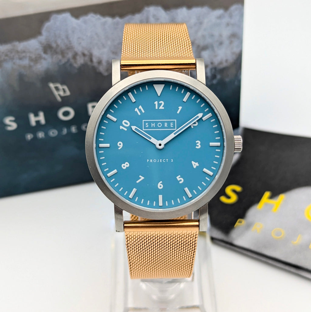 Shore Projects Ludlow — Ice Blue Dial, Gold-Tone Mesh, Quartz, With Box & Instructions - Bezel & Hide