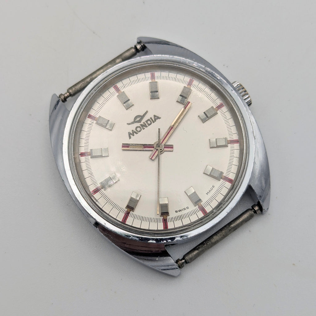 Mondia Manual Wind Watch Mens — Vintage Swiss Cushion Case, Silver Sunburst Dial, Sold Naked - Bezel & Hide