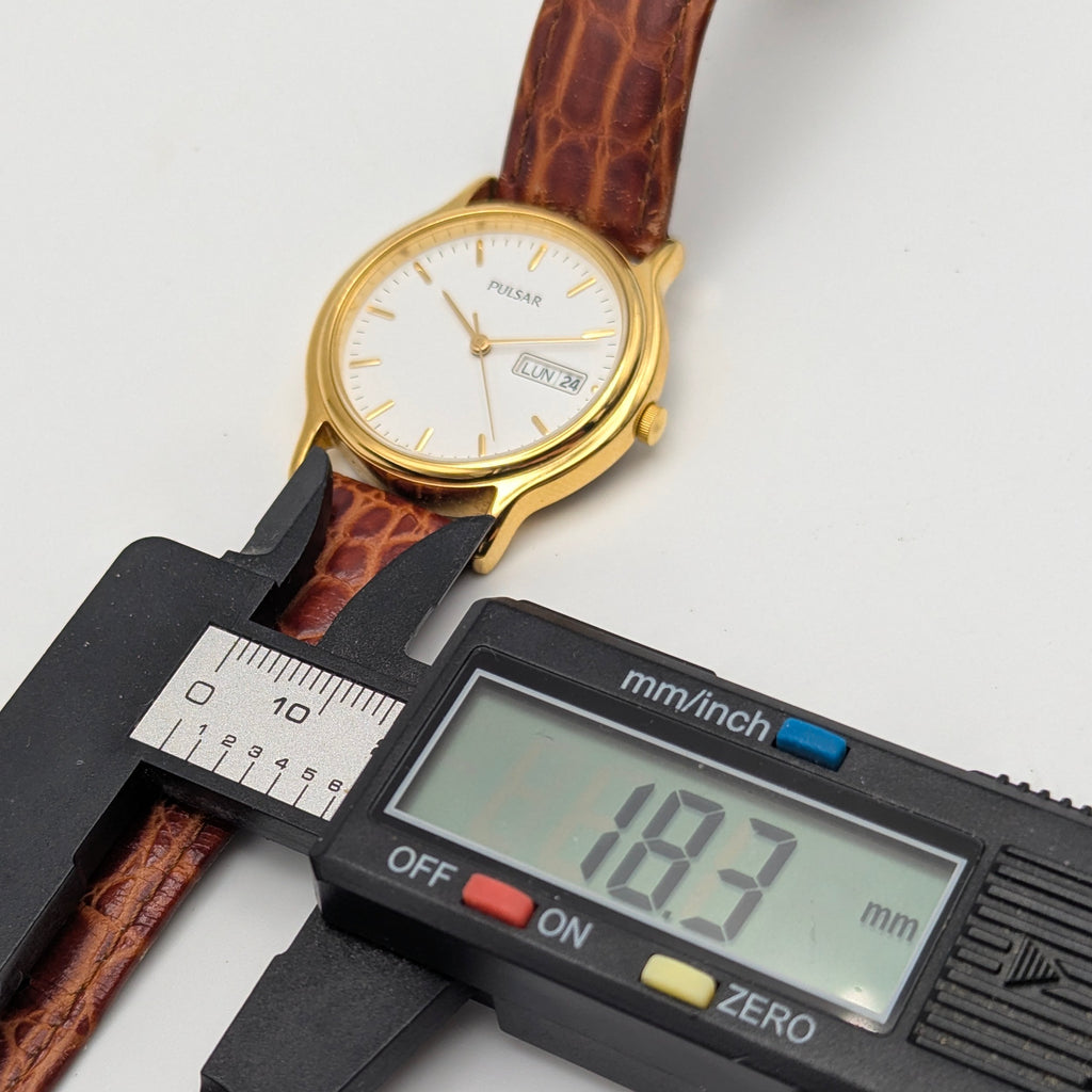 Pulsar Day-Date Dress Watch — Gold-Tone, White Dial, Sold Naked - Bezel & Hide