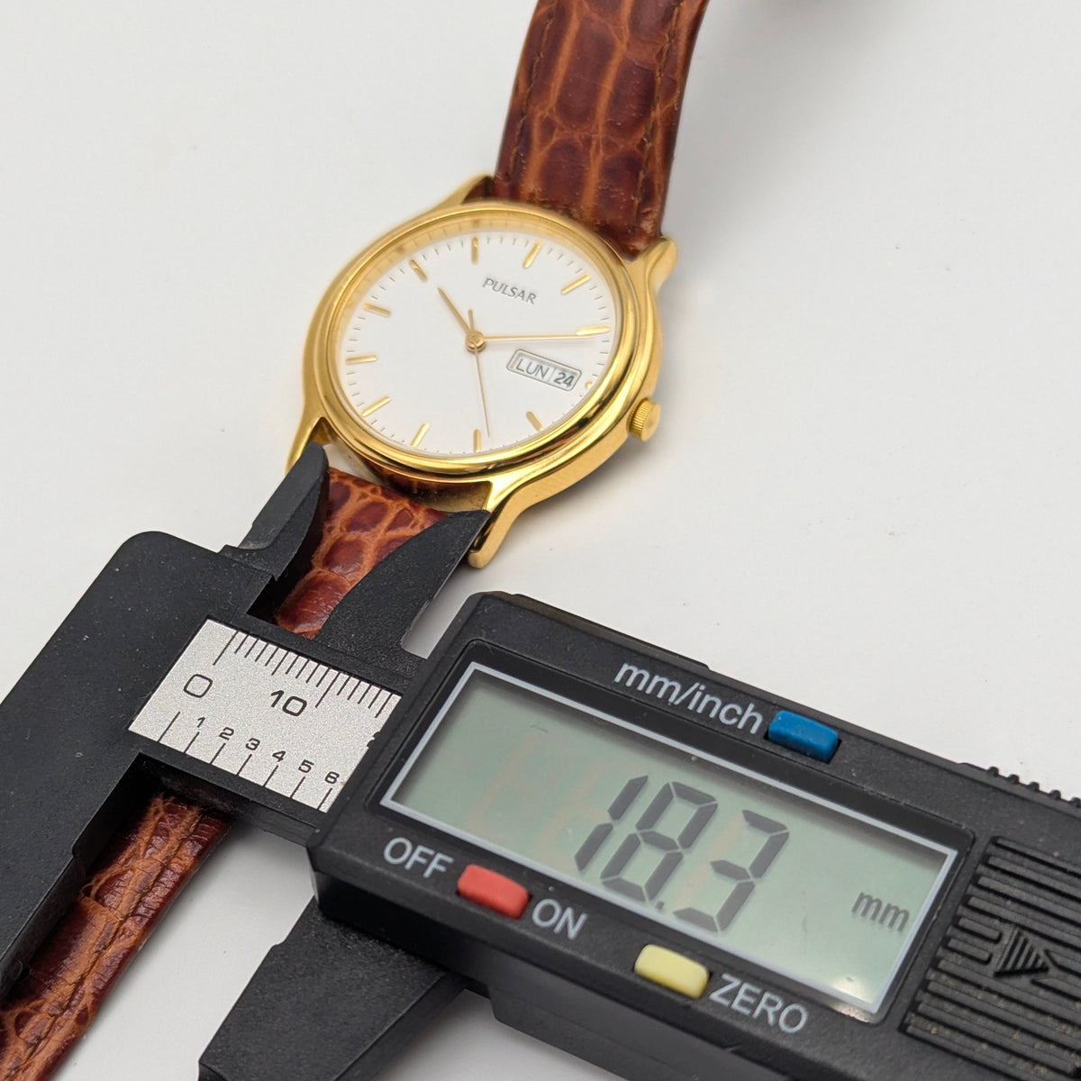 Pulsar Day-Date Dress Watch — Gold-Tone, White Dial, Sold Naked - Bezel & Hide