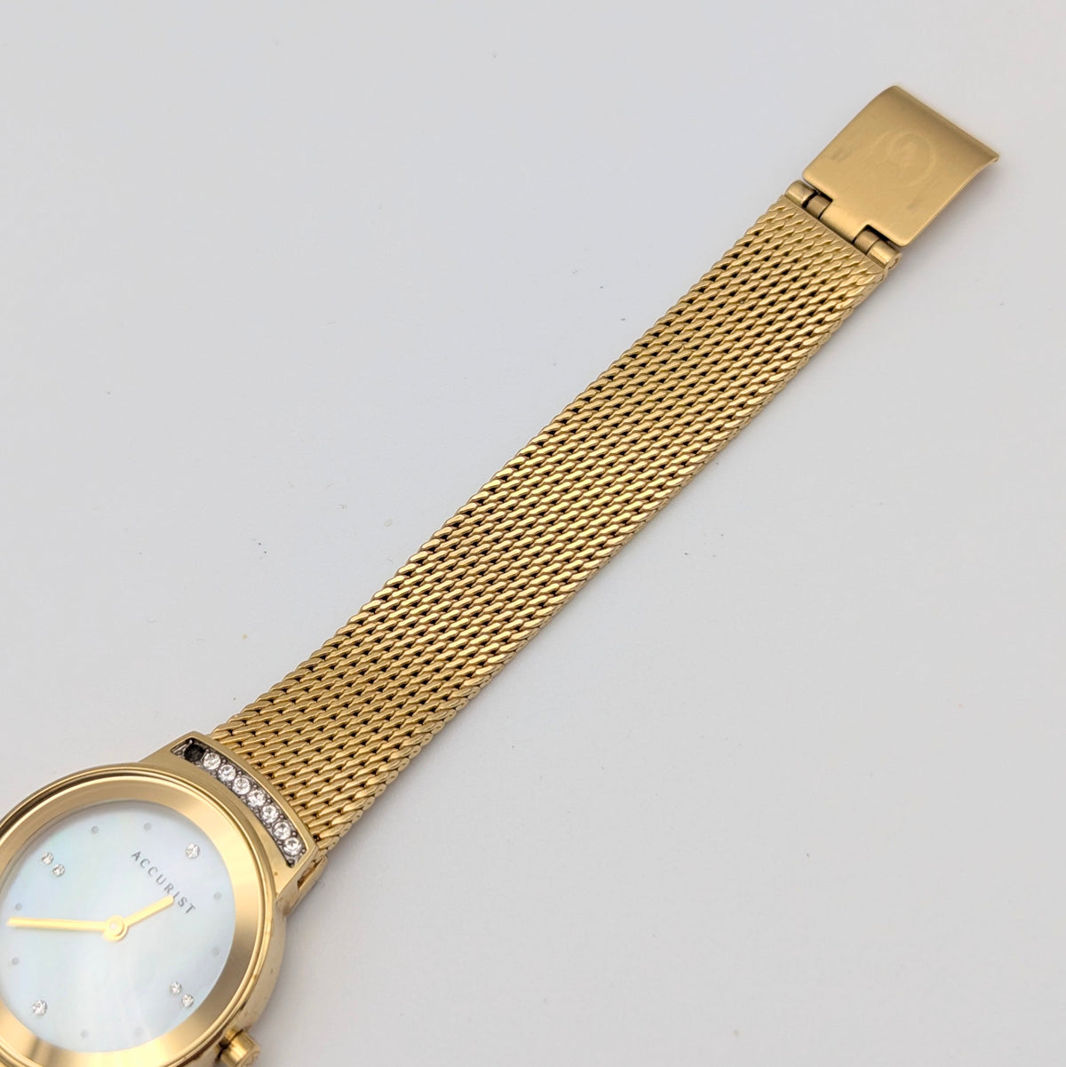 Accurist Ladies Gold-Tone Mesh Watch — Mother-of-Pearl Dial, Crystal-Set Lugs, Sold Naked - Bezel & Hide