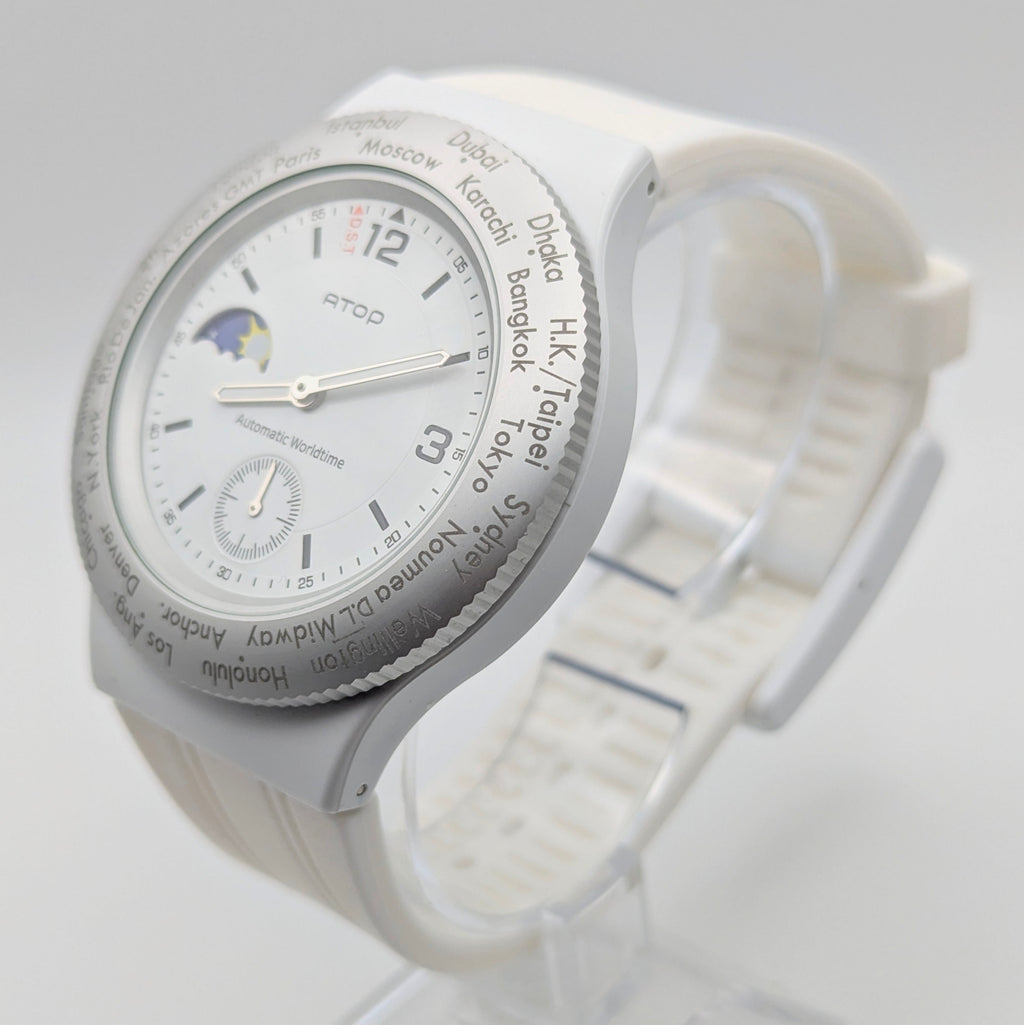 ATOP Automatic Worldtime Quartz Watch — White, Moon Phase, DST Indicator - Bezel & Hide