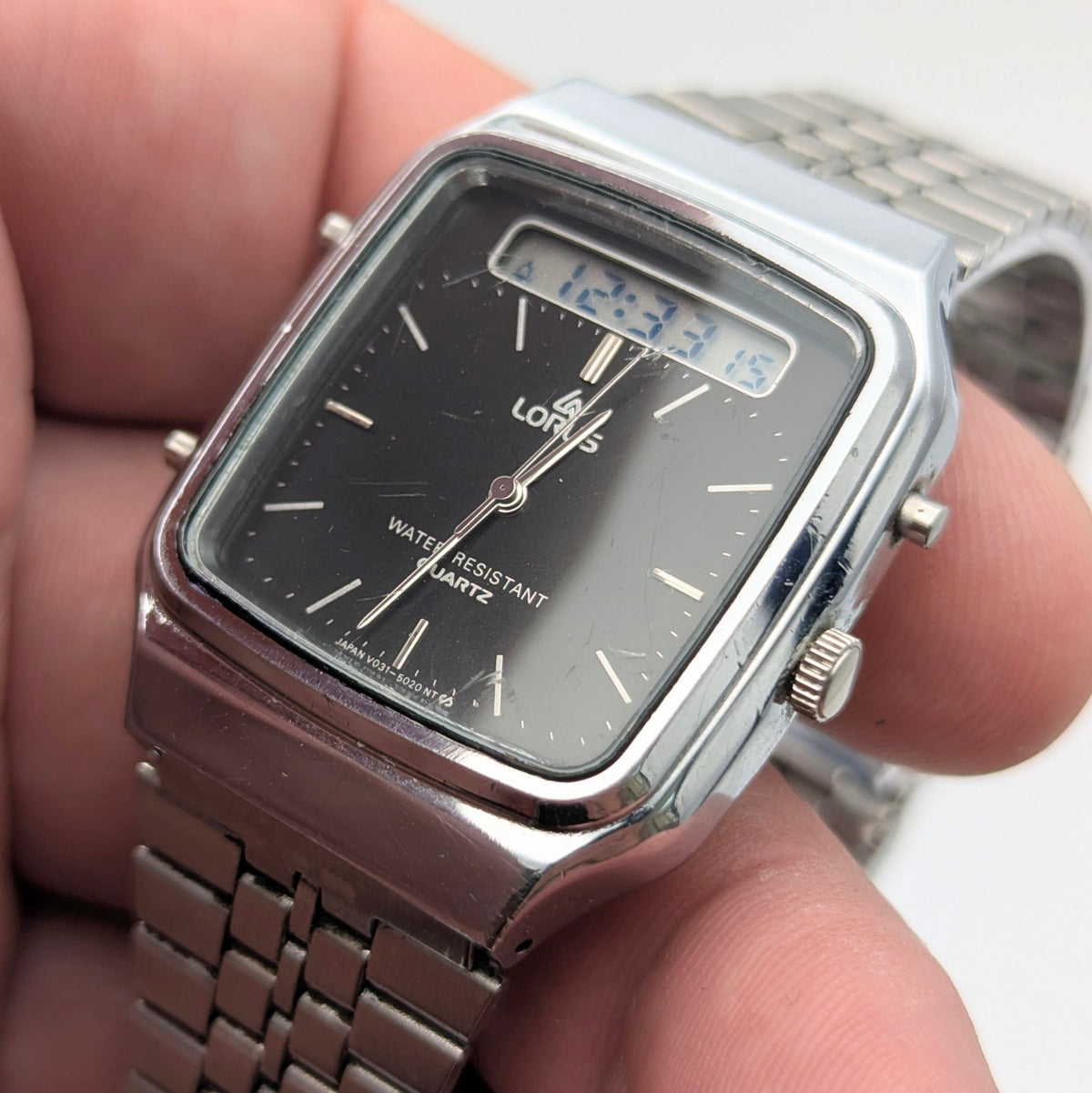 Lorus V031-5010 Ana-Digi Vintage Watch — Black Dial, Steel Bracelet, Sold Naked - Bezel & Hide