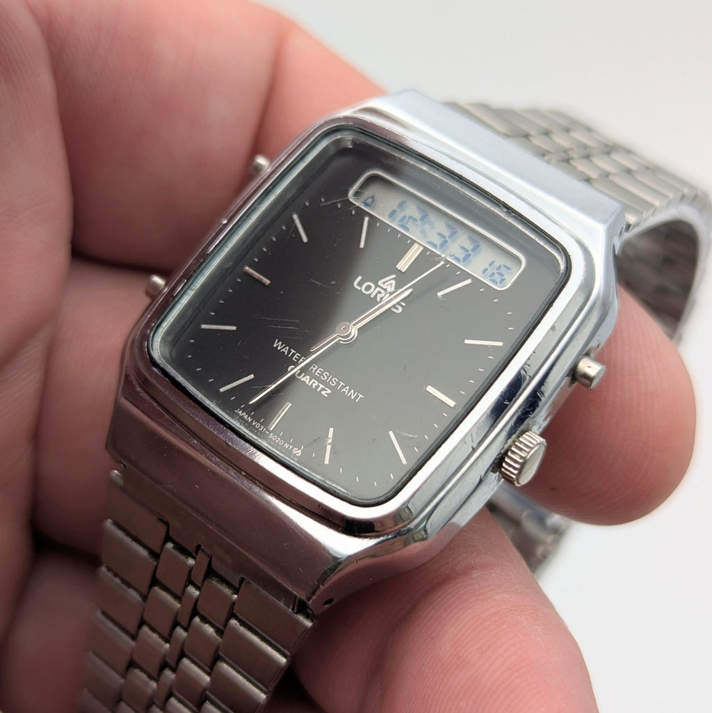 Lorus V031-5010 Ana-Digi Vintage Watch — Black Dial, Steel Bracelet, Sold Naked - Bezel & Hide