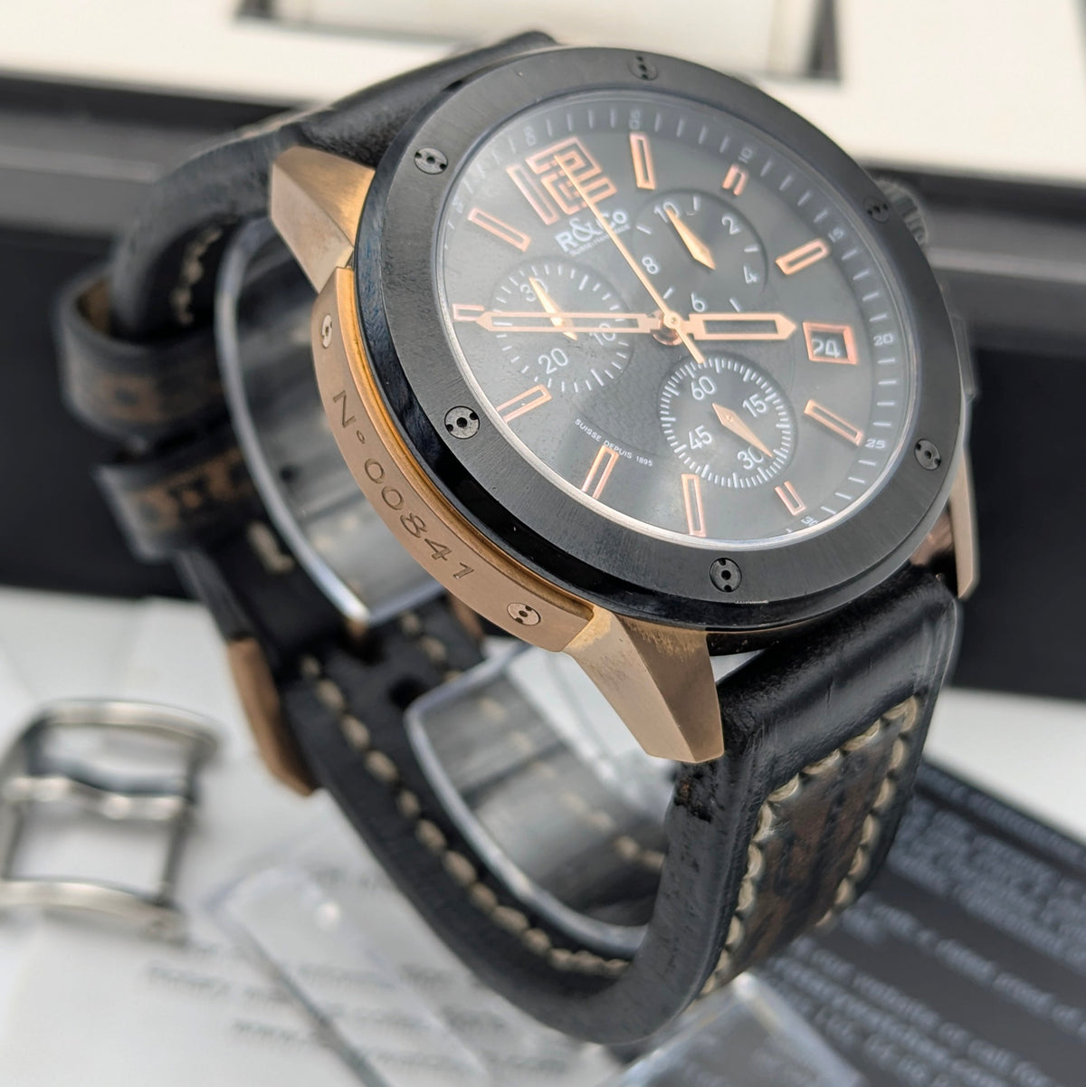 Rotary R&Co Suisse Chronograph — Bold Two-Tone Sports Chrono with Vintage Strap - Bezel & Hide