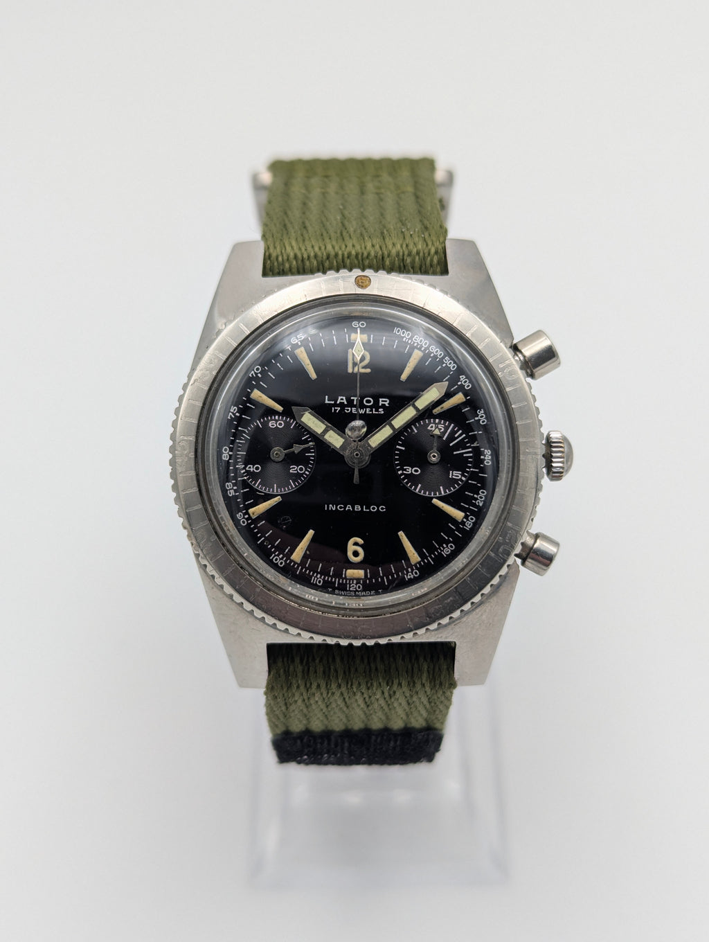 Lator Landeron Manual-Wind Chronograph | Black Dial & Olive Green Strap