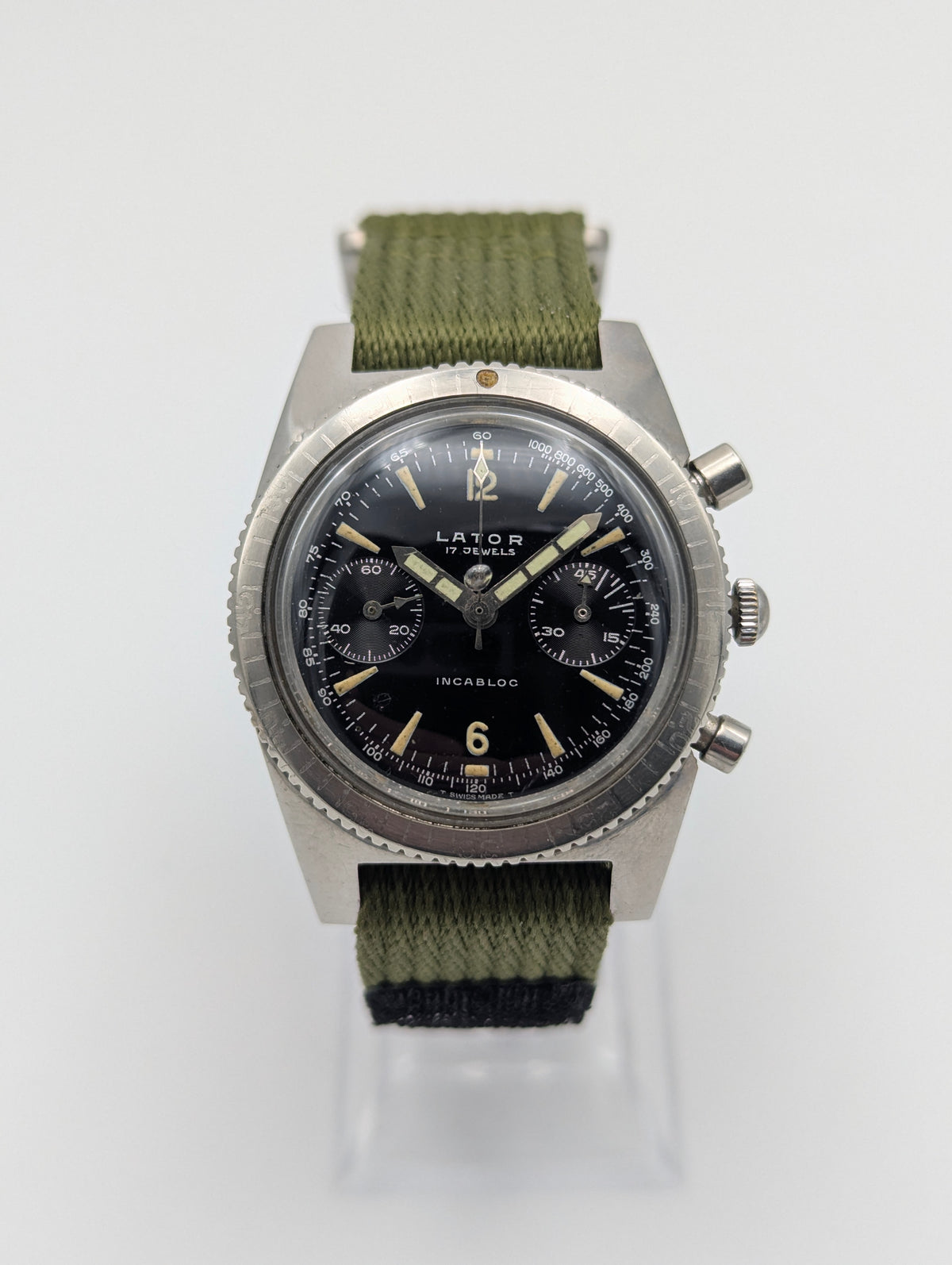 Lator Landeron Manual-Wind Chronograph | Black Dial & Olive Green Strap