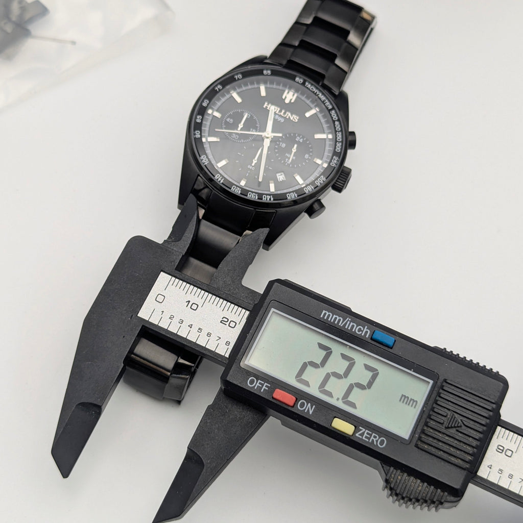 Holuns Men's Chronograph Watch — 51mm Black PVD, Grey Dial, Tachymeter, Boxed with Spare Links - Bezel & Hide