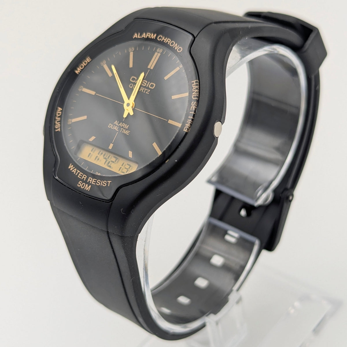 Casio AMW-90H Ana-Digi Watch — Black Resin, Gold Dial, Dual Time, Alarm, Sold Naked - Bezel & Hide