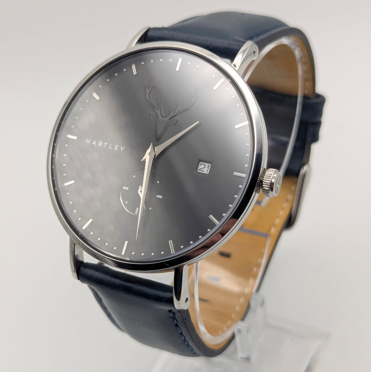 Hartley Stag Charcoal Dial Quartz Men's Watch — Sapphire Crystal, Navy Strap, Boxed - Bezel & Hide
