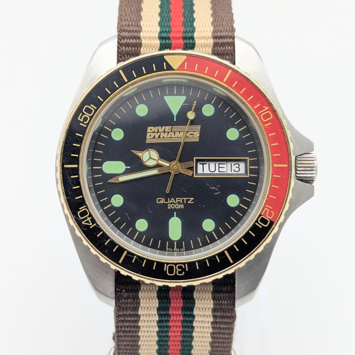 Dive Dynamics 1980s Quartz Day-Date Watch | MRP SA Case | Gold-Tone Bezel