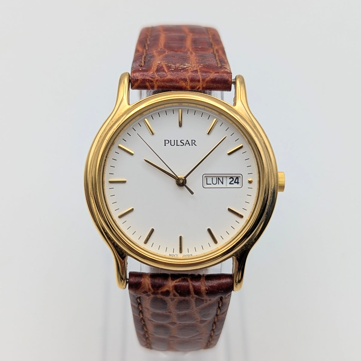 Pulsar Day-Date Dress Watch — Gold-Tone, White Dial, Sold Naked - Bezel & Hide