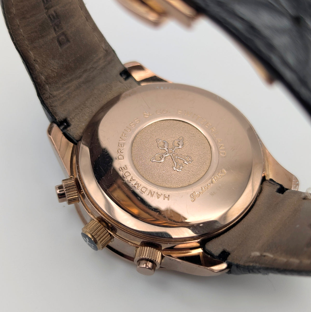 Dreyfuss & Co. Swiss Quartz Chronograph Men's Watch — Rose Gold, White Panda Dial - Bezel & Hide
