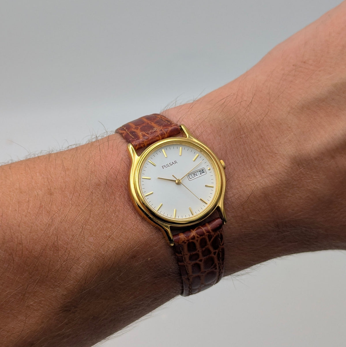 Pulsar Day-Date Dress Watch — Gold-Tone, White Dial, Sold Naked - Bezel & Hide