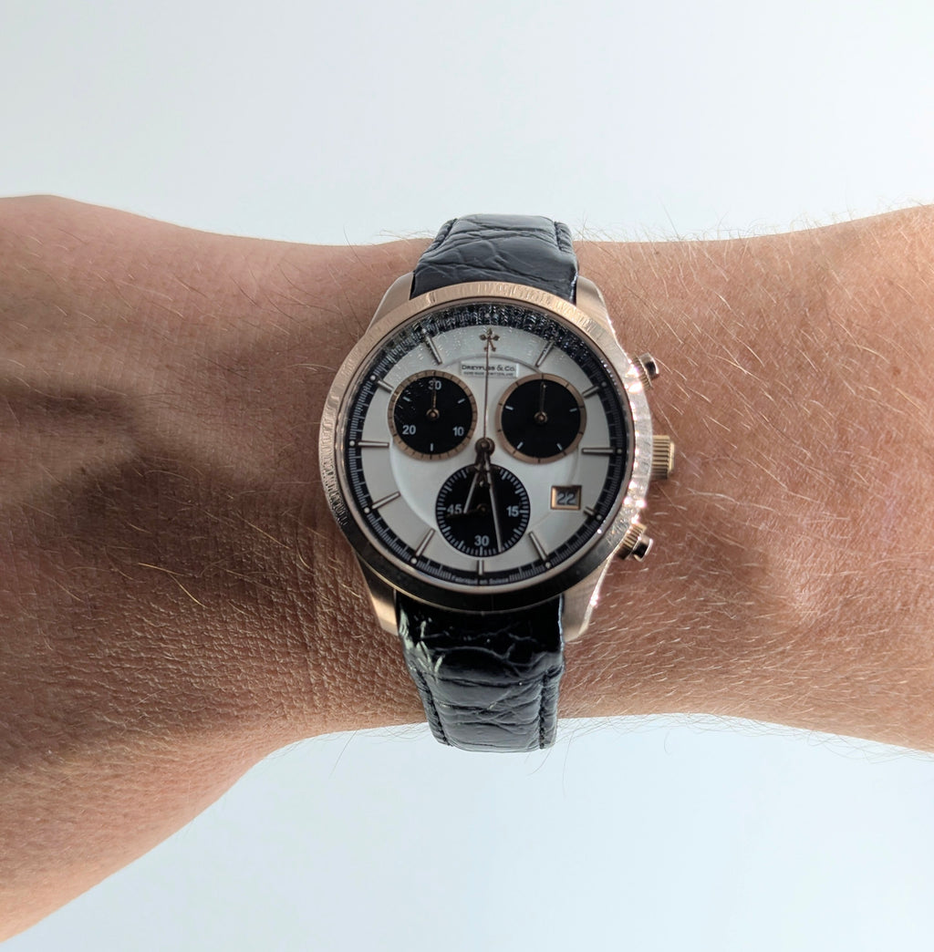Dreyfuss & Co. Swiss Quartz Chronograph Men's Watch — Rose Gold, White Panda Dial - Bezel & Hide