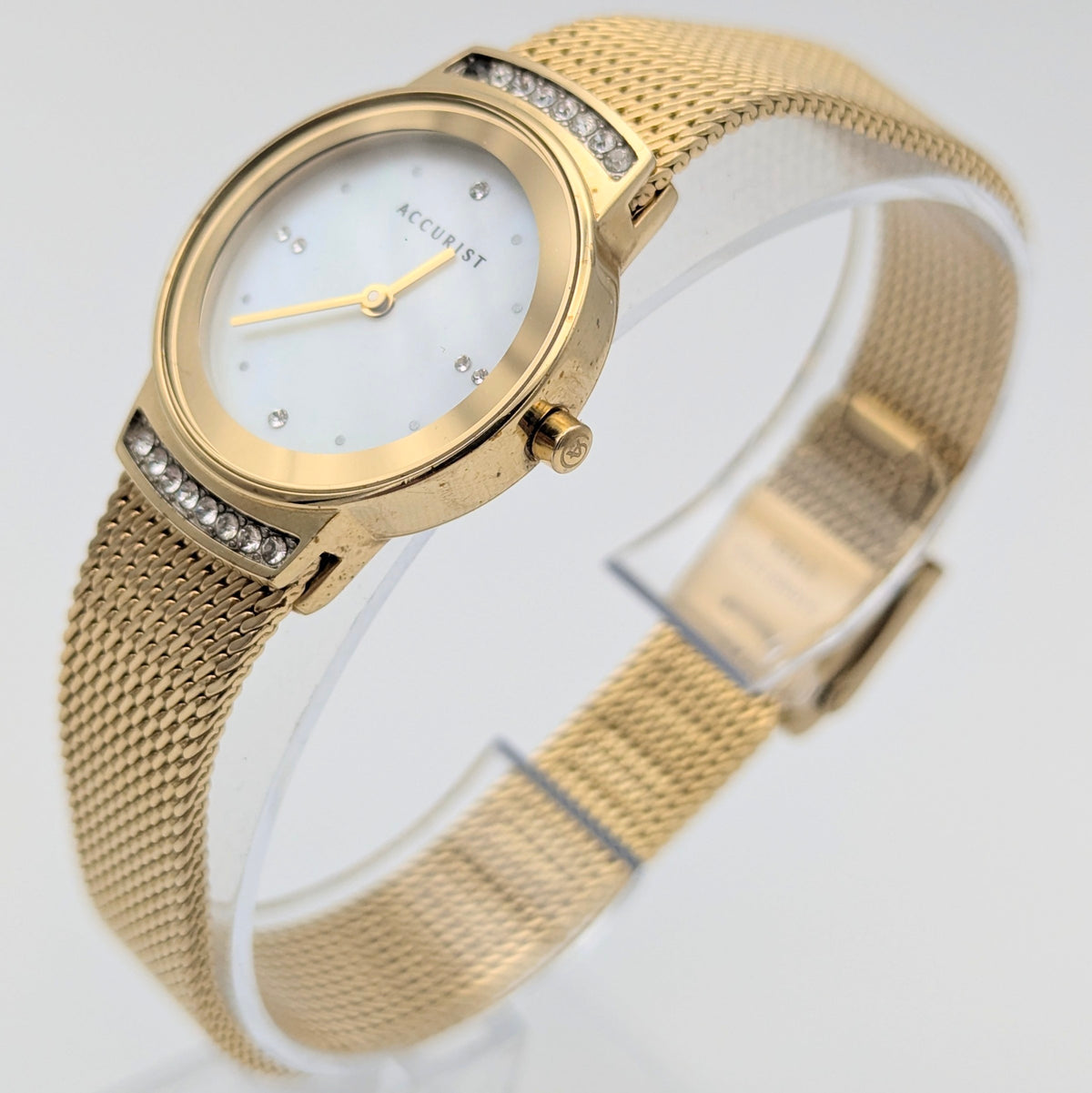 Accurist Ladies Gold-Tone Mesh Watch — Mother-of-Pearl Dial, Crystal-Set Lugs, Sold Naked - Bezel & Hide
