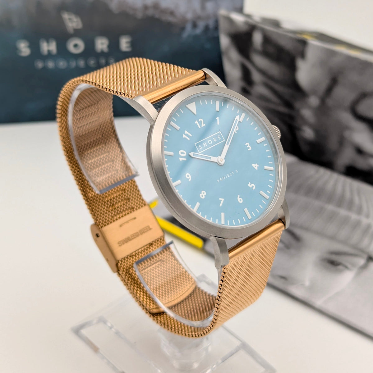 Shore Projects Ludlow — Ice Blue Dial, Gold-Tone Mesh, Quartz, With Box & Instructions - Bezel & Hide