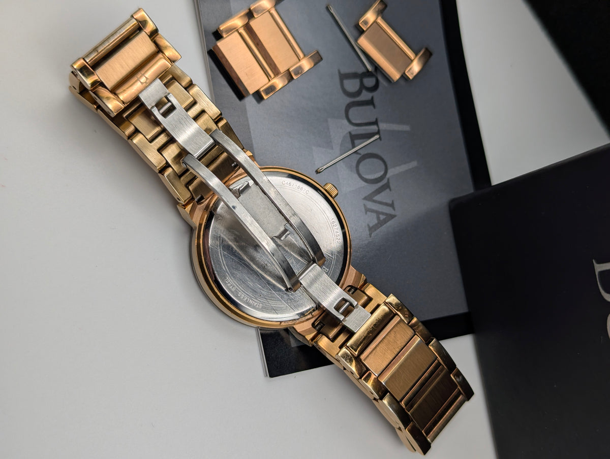 Bulova 97L127 Women's Pink Sunburst Dial Watch, Gold-Tone Bracelet, Boxed - Bezel & Hide