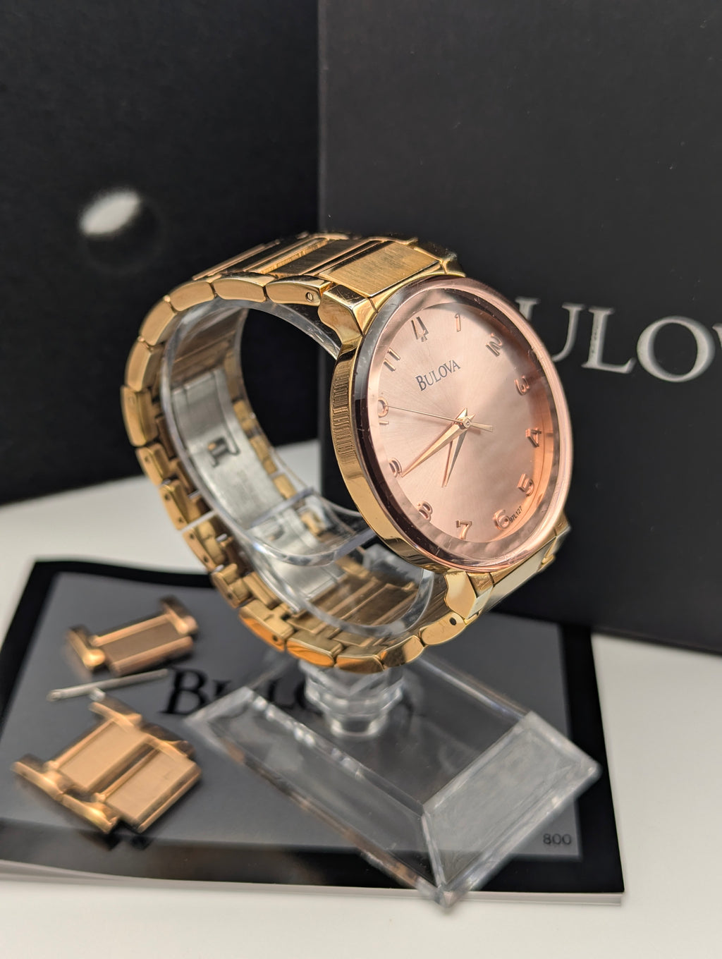 Bulova 97L127 Women's Pink Sunburst Dial Watch, Gold-Tone Bracelet, Boxed - Bezel & Hide
