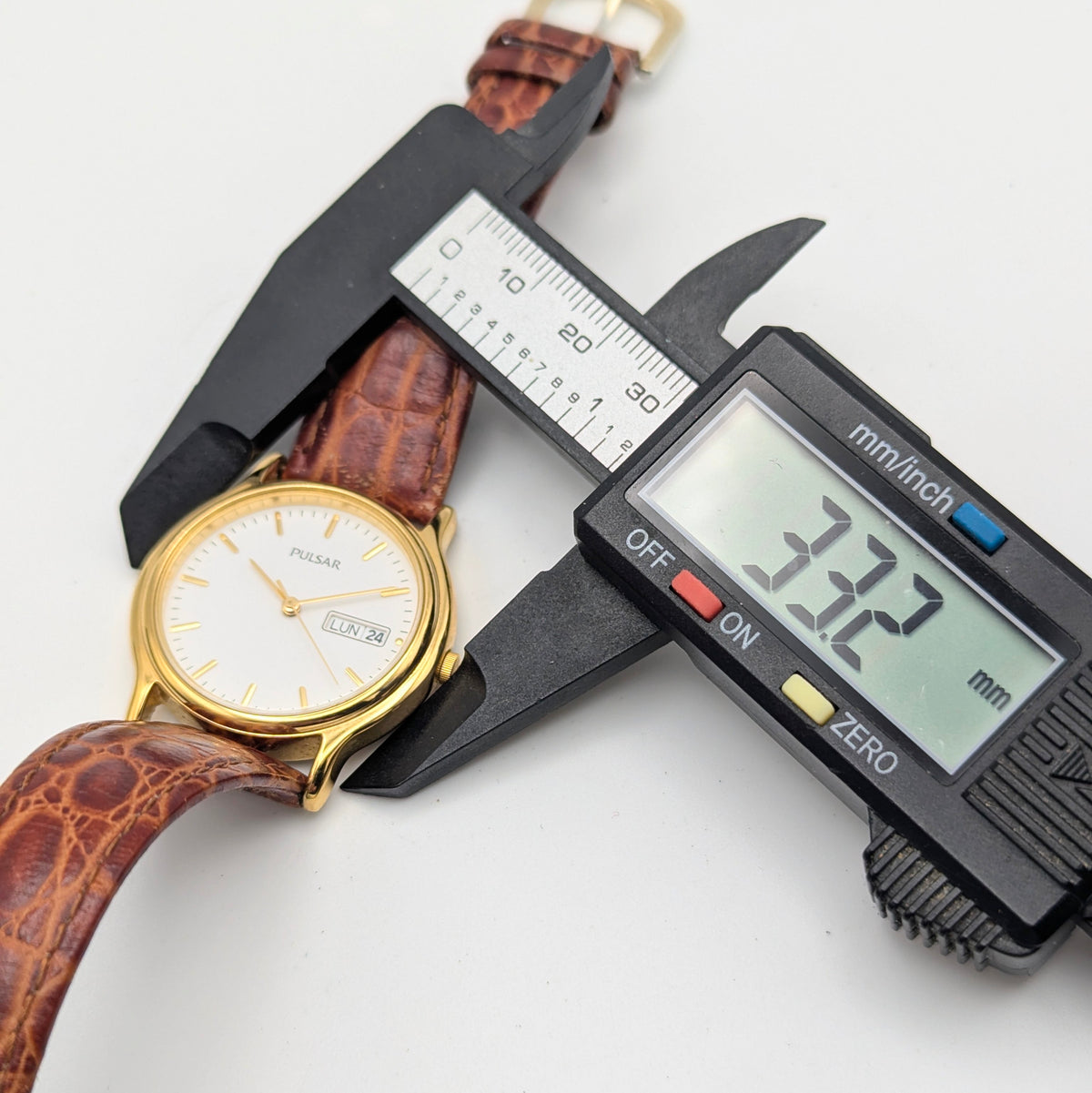 Pulsar Day-Date Dress Watch — Gold-Tone, White Dial, Sold Naked - Bezel & Hide