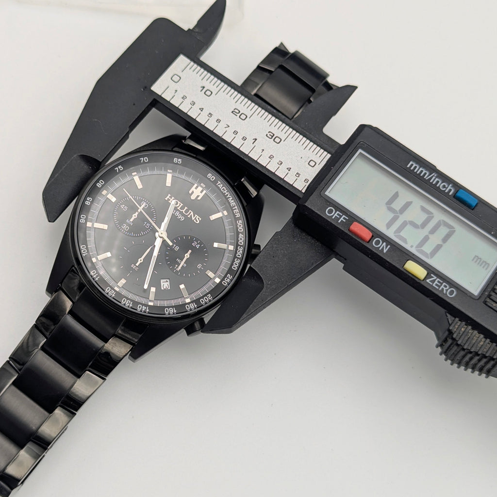Holuns Men's Chronograph Watch — 51mm Black PVD, Grey Dial, Tachymeter, Boxed with Spare Links - Bezel & Hide
