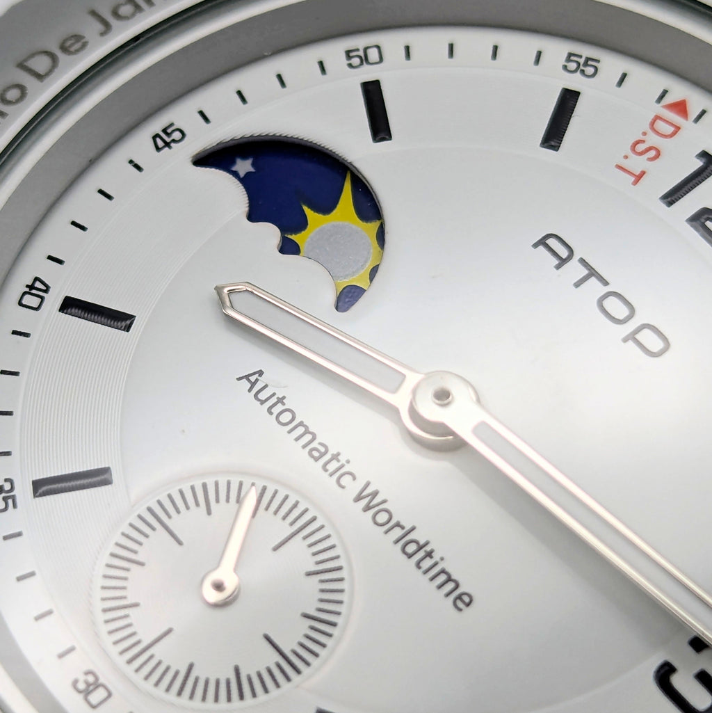 ATOP Automatic Worldtime Quartz Watch — White, Moon Phase, DST Indicator - Bezel & Hide