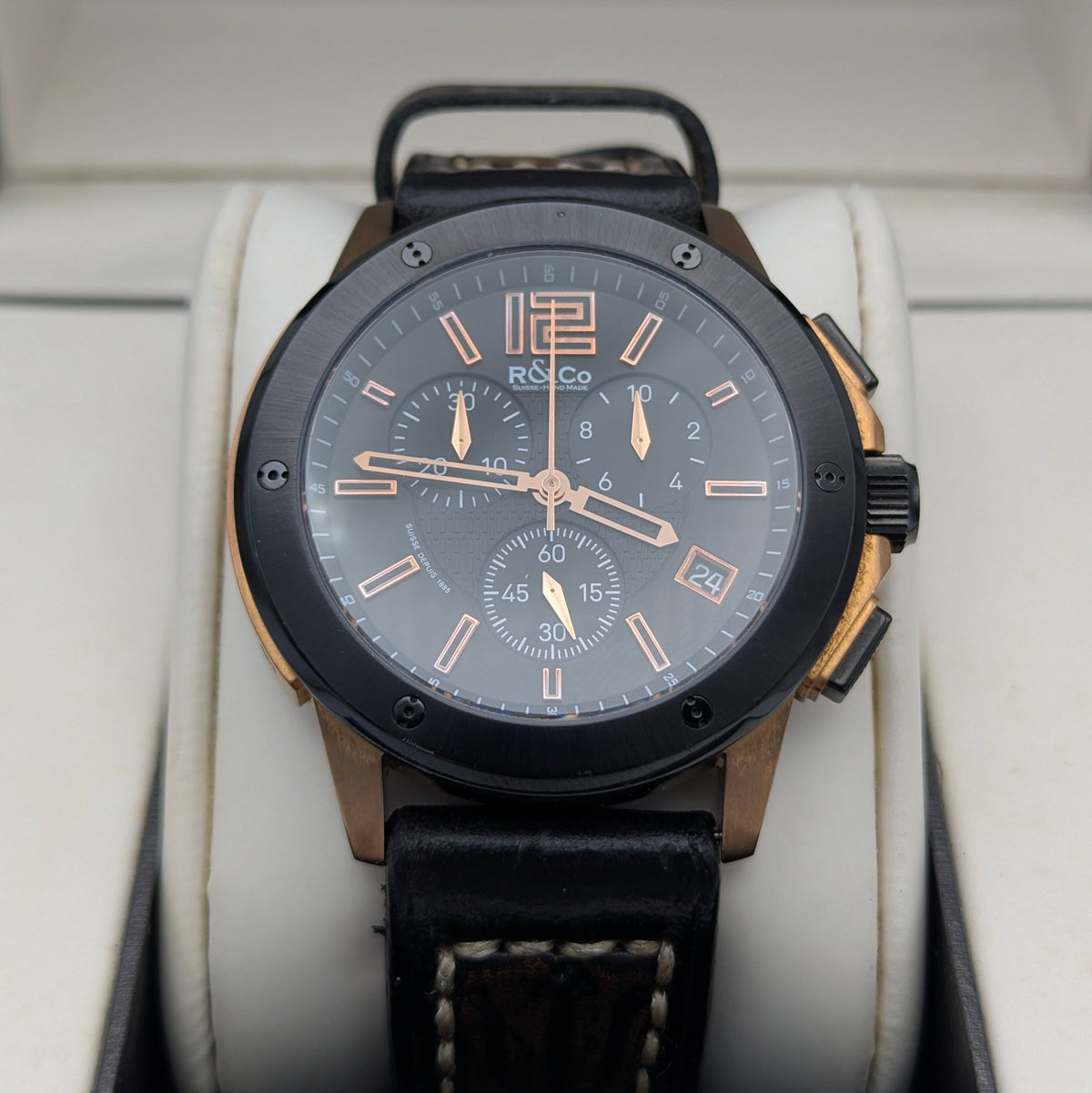 Rotary R&Co Suisse Chronograph — Bold Two-Tone Sports Chrono with Vintage Strap - Bezel & Hide