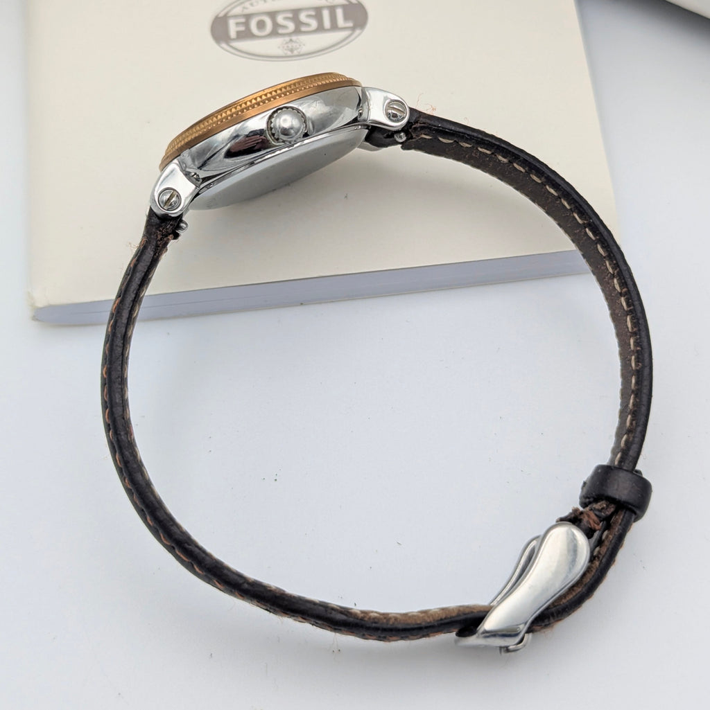 Fossil ES3138 Virginia Ladies' Watch — Rose Gold-Tone Bezel, Grey Dial, Brown Leather Strap - Bezel & Hide