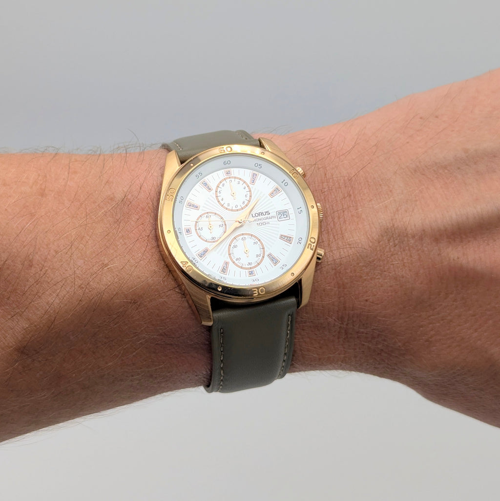 Lorus VD57-X024 Chronograph Men's Watch — Rose Gold-Tone, Black Dial - Bezel & Hide