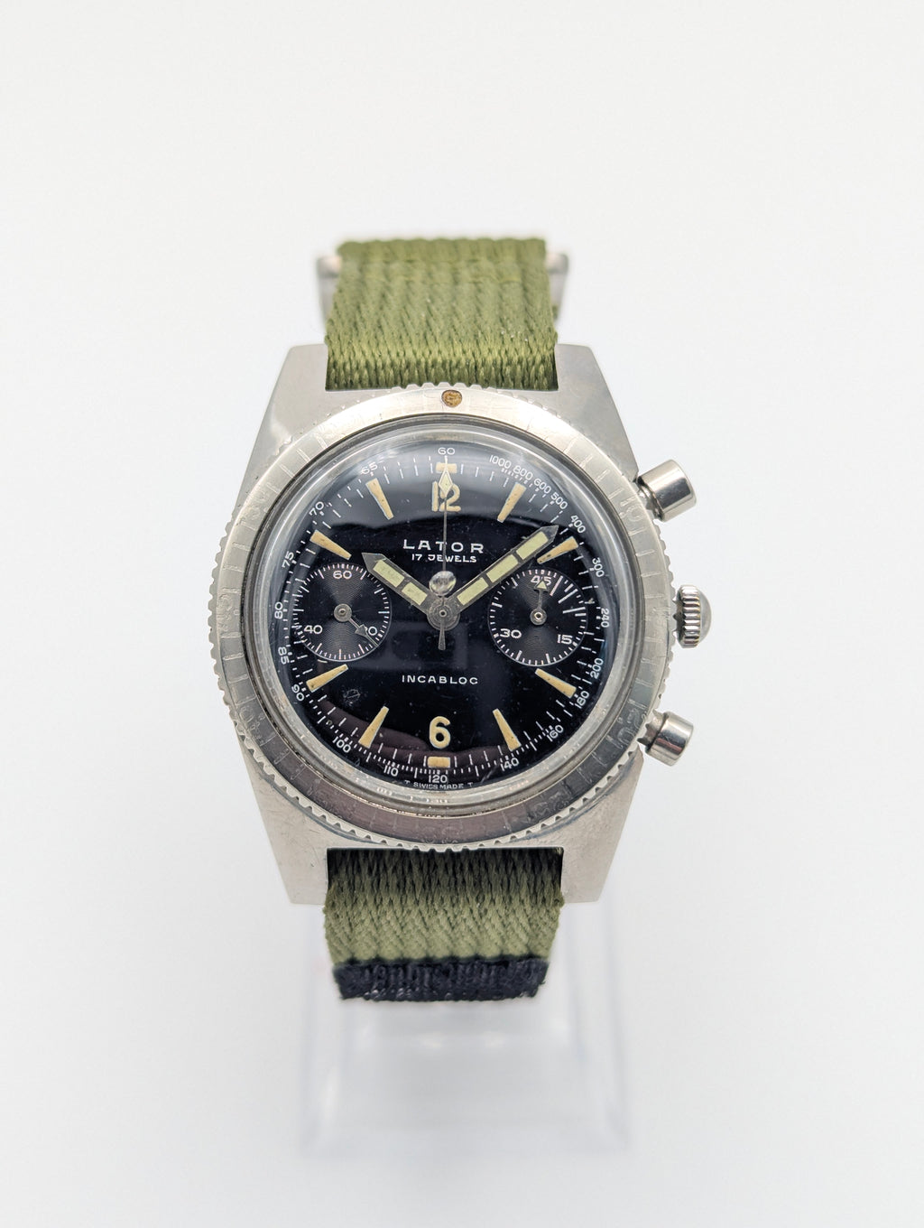 Lator Landeron Manual-Wind Chronograph | Black Dial & Olive Green Strap