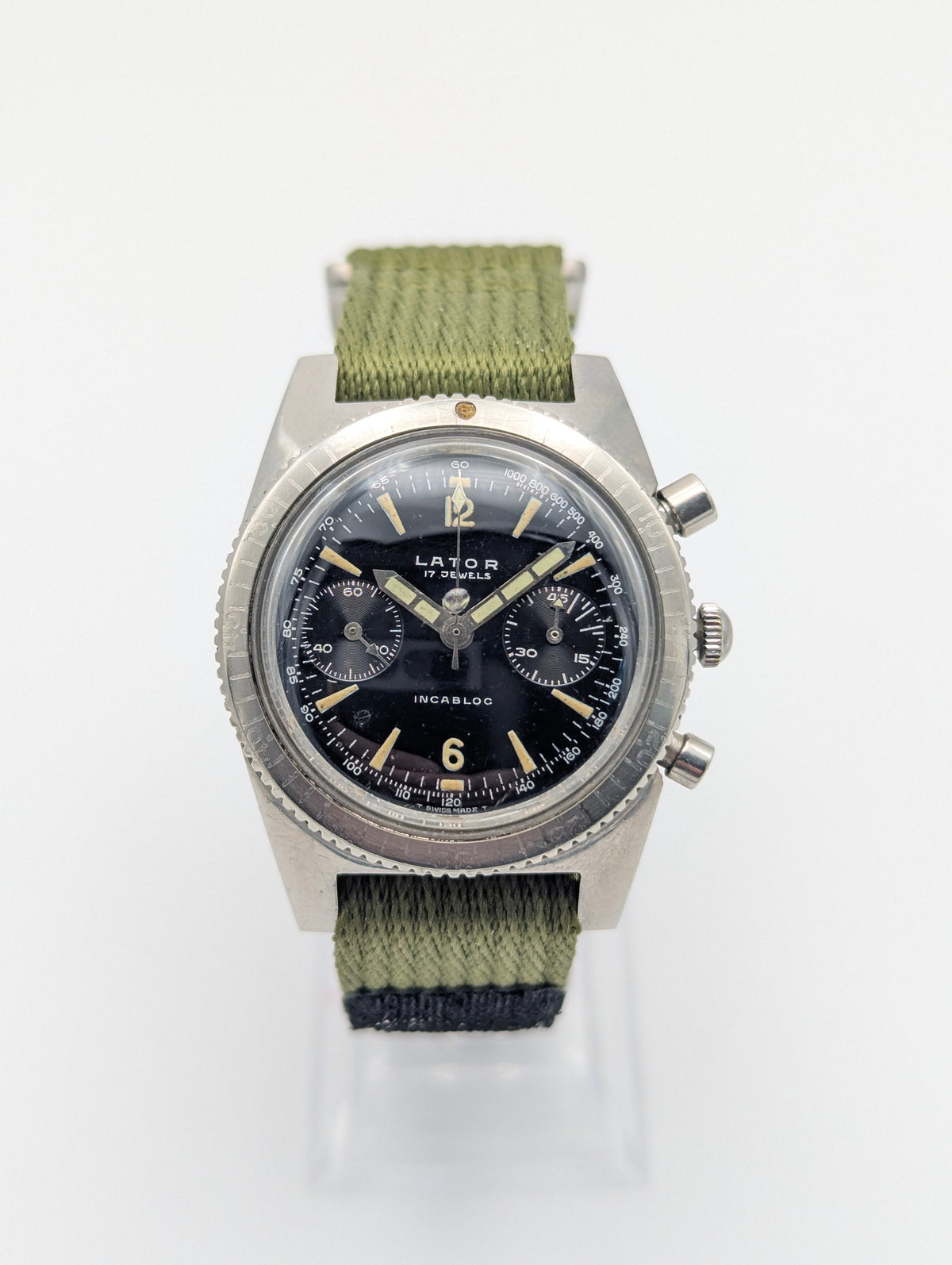 Lator Landeron Manual-Wind Chronograph | Black Dial & Olive Green Strap