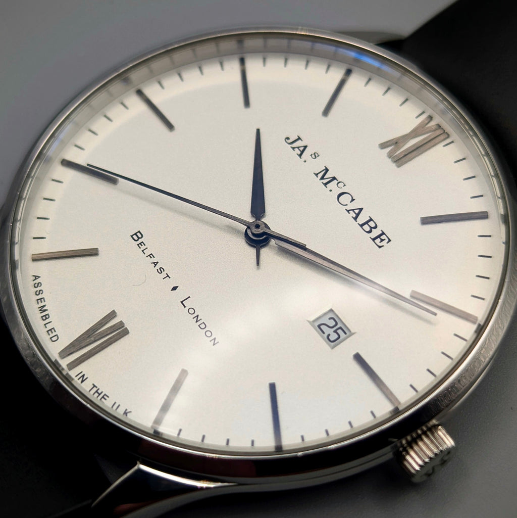James McCabe London Slim JM-1016 Men's Watch — Silver, White Dial, Hirsch Rubber Strap - Bezel & Hide