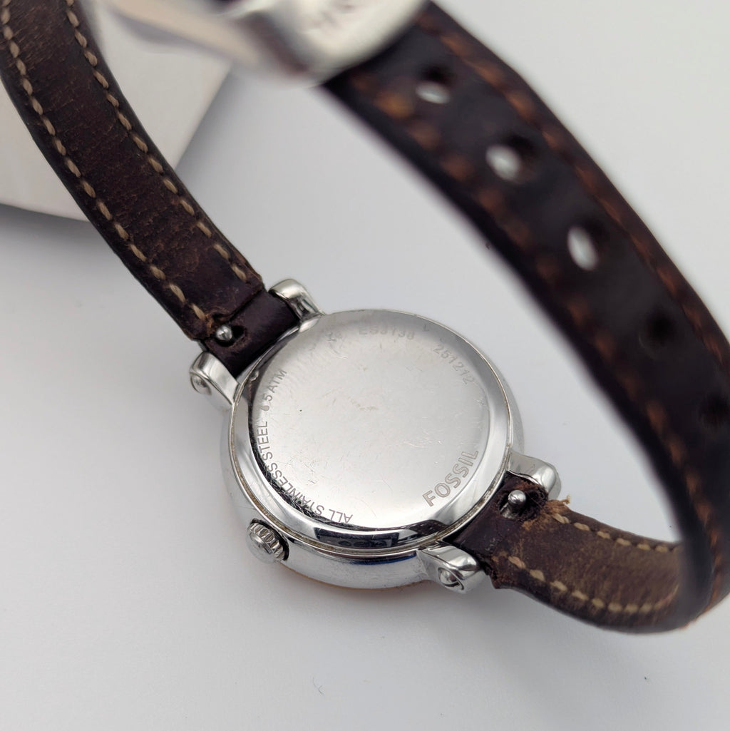Fossil ES3138 Virginia Ladies' Watch — Rose Gold-Tone Bezel, Grey Dial, Brown Leather Strap - Bezel & Hide