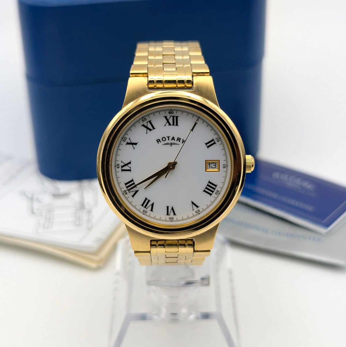 Rotary Gold-Plated Classic Quartz Watch — White Roman Dial, Full Set - Bezel & Hide