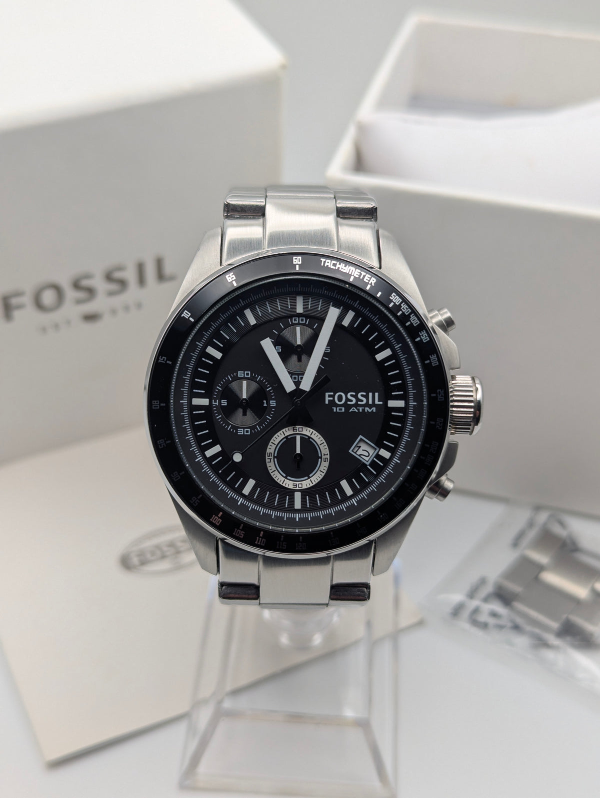 Fossil CH2600 Chronograph — Black Dial, Stainless Steel Bracelet, Box & Spare Links - Bezel & Hide