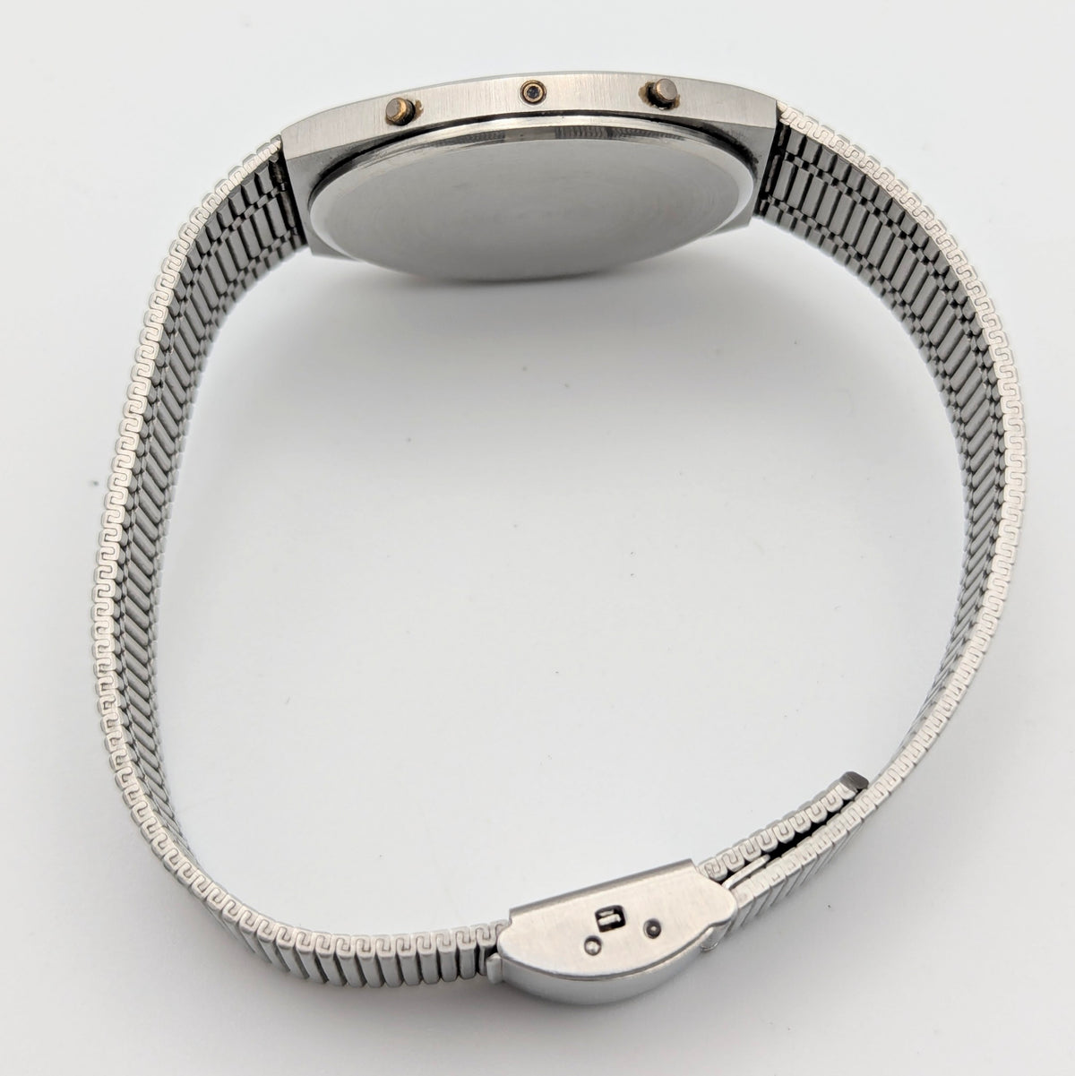 Trafalgar Chrono/Dual Time LCD Digital Watch — Vintage 1980s Silver-Tone on Integrated Bracelet, Sold Naked - Bezel & Hide