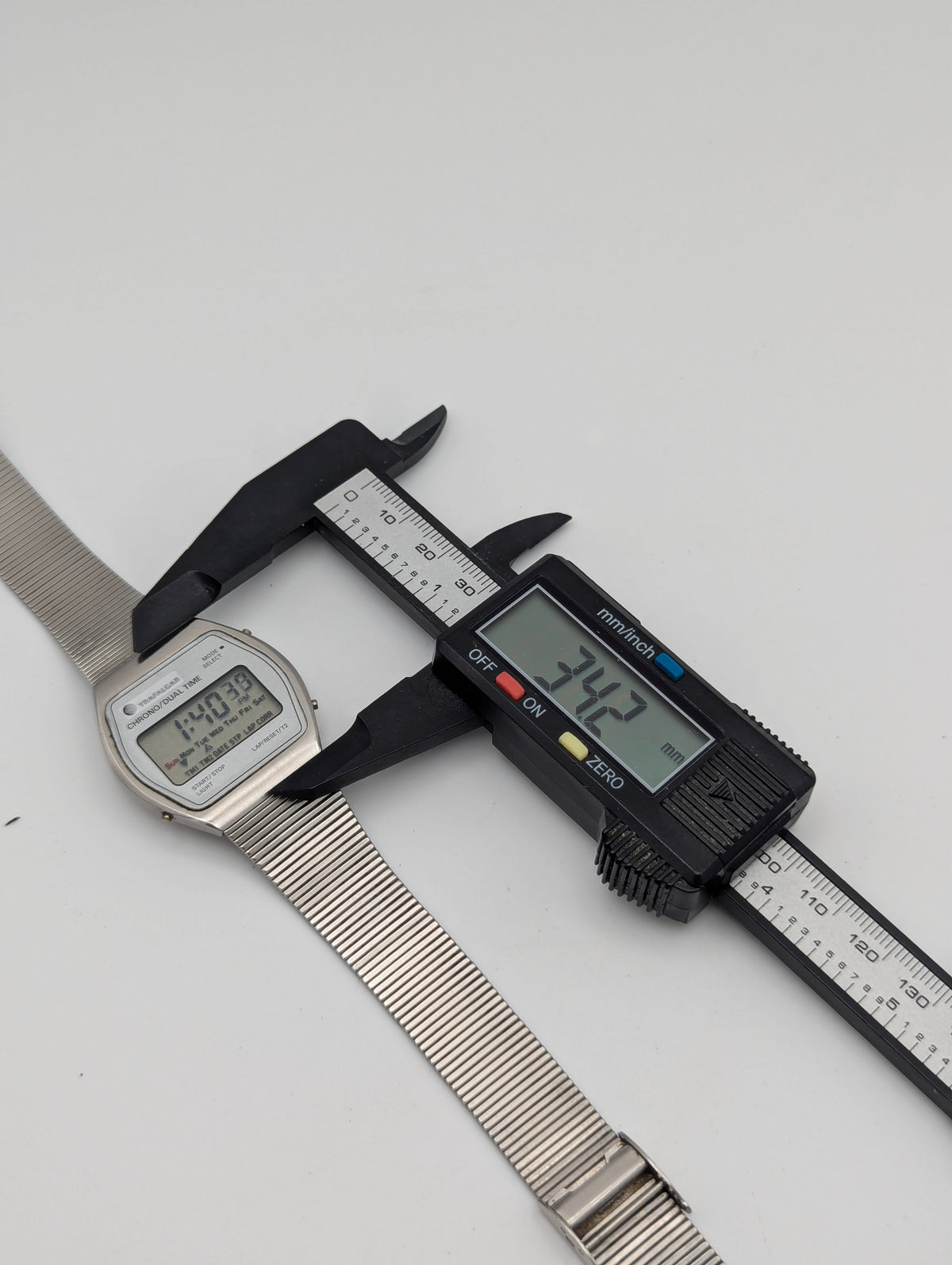 Trafalgar Chrono/Dual Time LCD Digital Watch — Vintage 1980s Silver-Tone on Integrated Bracelet, Sold Naked - Bezel & Hide