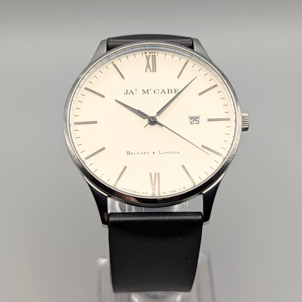 James McCabe London Slim JM-1016 Men's Watch — Silver, White Dial, Hirsch Rubber Strap - Bezel & Hide