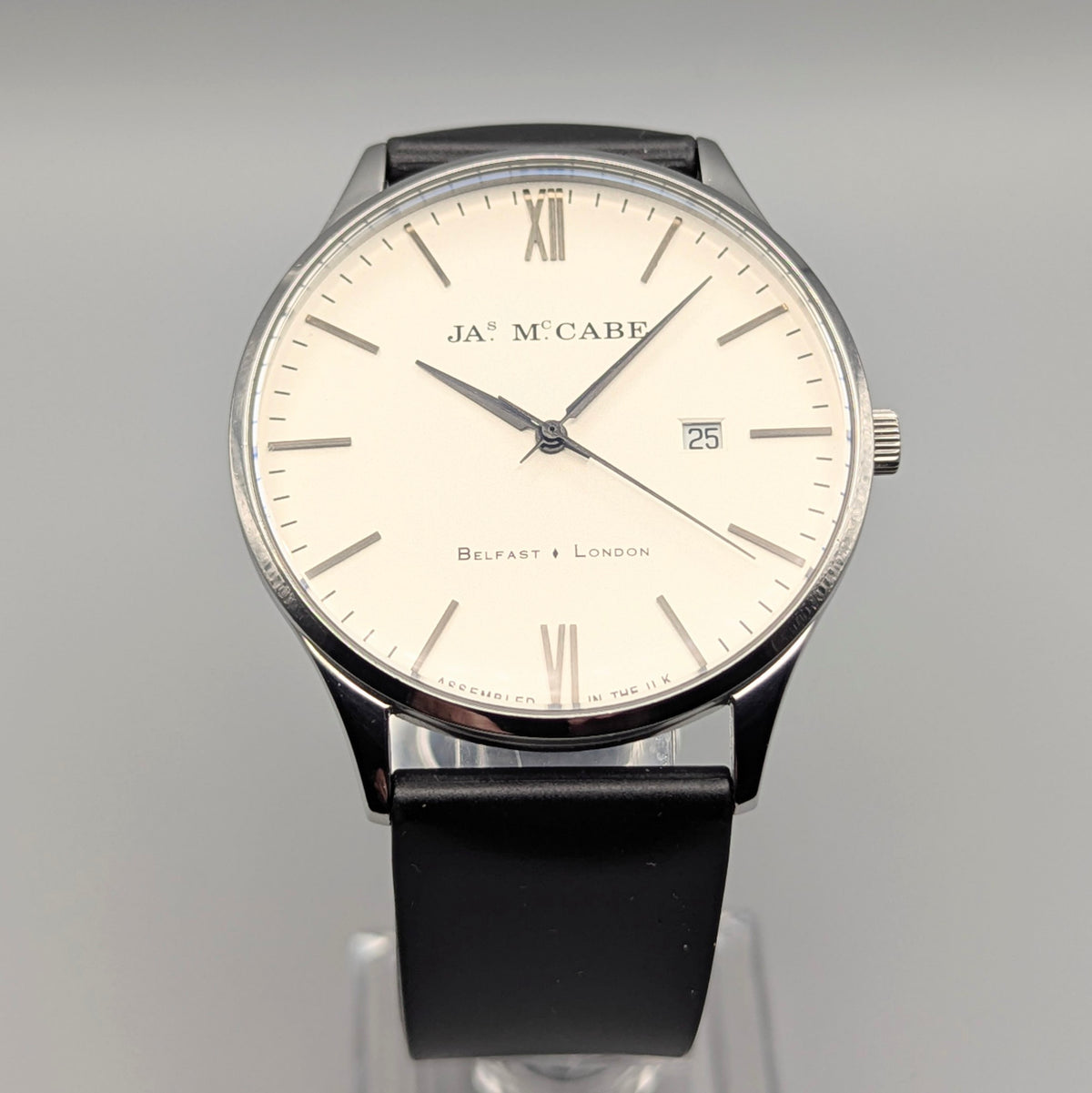 James McCabe London Slim JM-1016 Men's Watch — Silver, White Dial, Hirsch Rubber Strap - Bezel & Hide