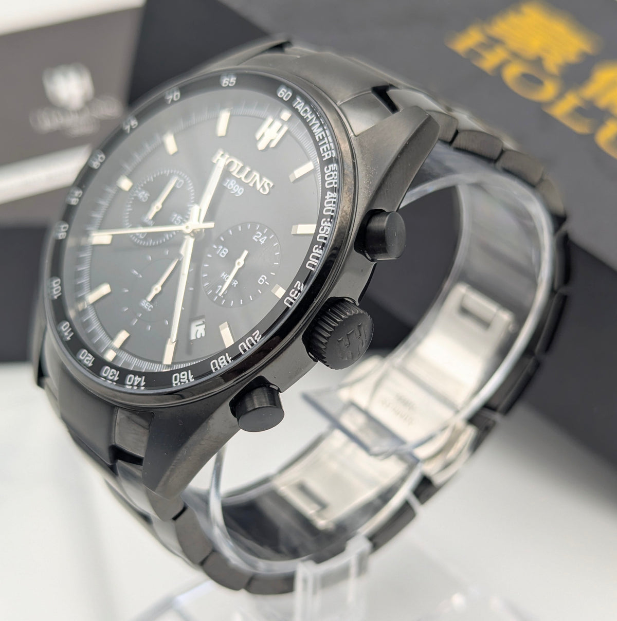Holuns Men's Chronograph Watch — 51mm Black PVD, Grey Dial, Tachymeter, Boxed with Spare Links - Bezel & Hide