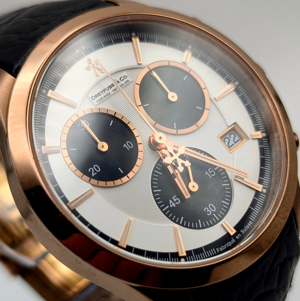 Dreyfuss & Co. Swiss Quartz Chronograph Men's Watch — Rose Gold, White Panda Dial - Bezel & Hide