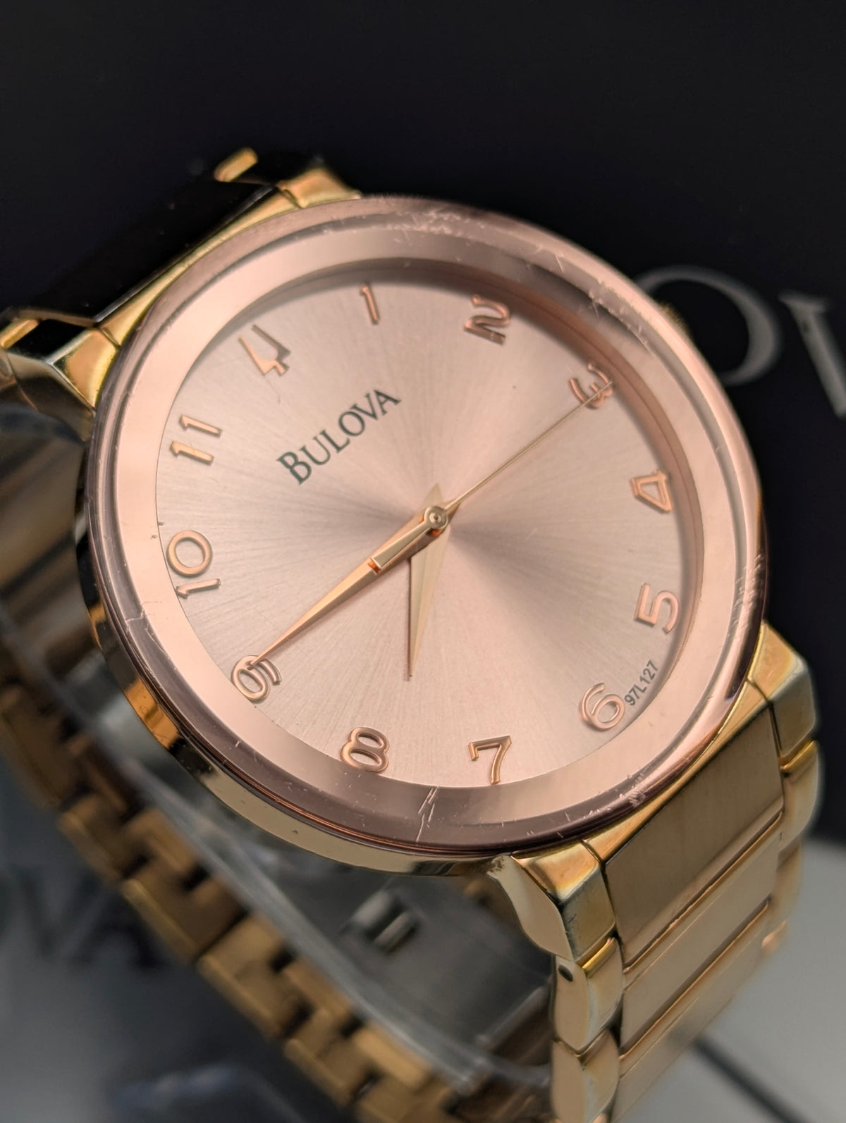Bulova 97L127 Women's Pink Sunburst Dial Watch, Gold-Tone Bracelet, Boxed - Bezel & Hide