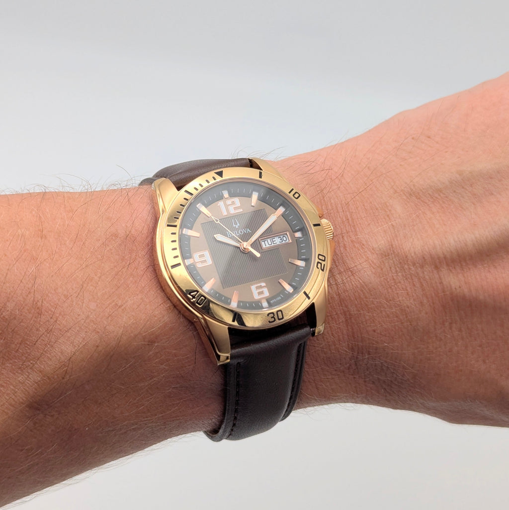 Bulova Sport Quartz Men's Watch — Rose Gold-Tone, Charcoal Dial, Day-Date, Lume - Bezel & Hide