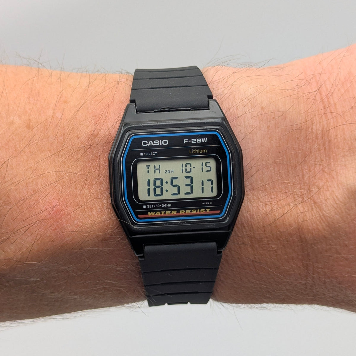 Casio F-28W Digital Quartz Watch | Black Resin & Blue Trim