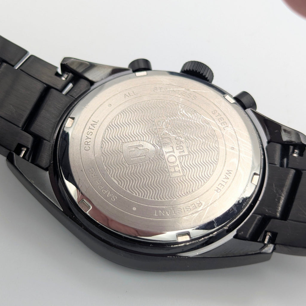 Holuns Men's Chronograph Watch — 51mm Black PVD, Grey Dial, Tachymeter, Boxed with Spare Links - Bezel & Hide